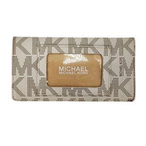 Michael Kors Checkbook Holder Wallet Leather Logo Gray Taupe